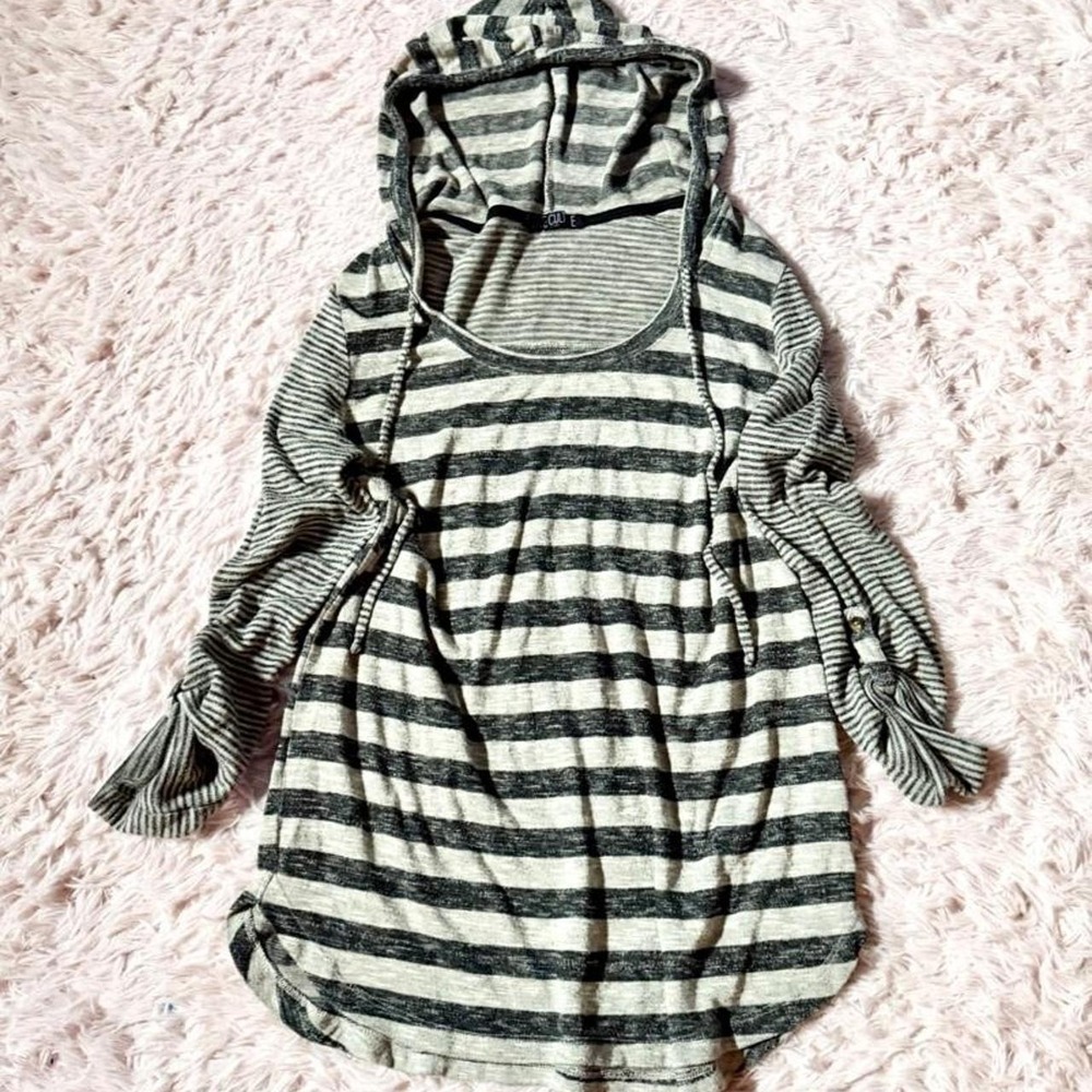 Grunge Skater Distressed Rustic Striped Hooded Ruched Sleeve Top Womens L Retro